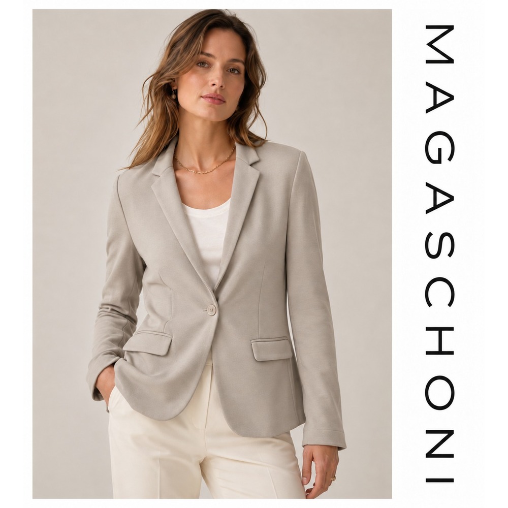 Magaschoni Taupe Soft Knit Long Sleeve Capsule Minimalist Career Blazer Jacket L